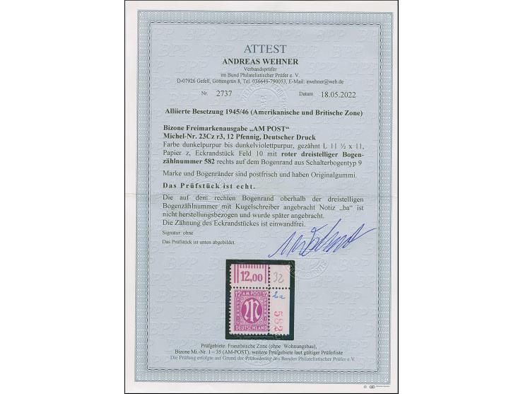 1945, Deutscher Druck, 12 Pfg., gez. 11½:11, rechte obere Bogenecke mit roter, dreistelliger Bogenzählnummer “582”, postfrisc