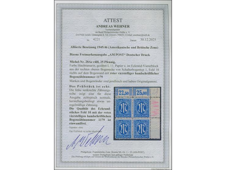 1945, Deutscher Druck, 25 Pfg., gez. 11, Viererblock aus der rechten oberen Bogenecke mit handschriftlicher, roter, vierstell