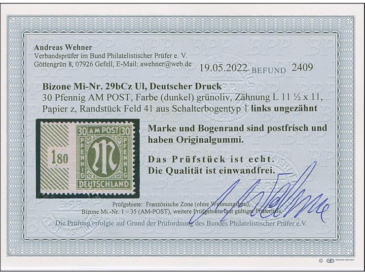 1945, Deutscher Druck, 30 Pfg. grünoliv, gez. 11½:11, linkes Seitenrandstück, links ungezähnt, postfrisch, tadellos, Befund W
