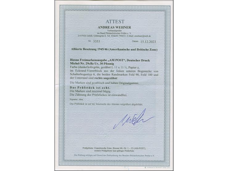 1945, Deutscher Druck, 30 Pfg. dunkelgrünoliv, gez. 11:11½, Viererblock aus der rechten unteren Bogenecke, rechts ungezähnt, 