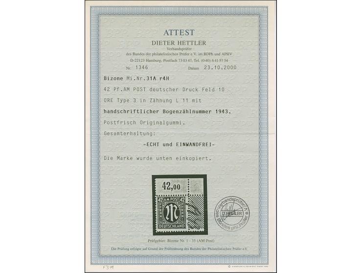 1945, Deutscher Druck, 42 Pfg., gez. 11, rechte obere Bogenecke mit handschriftlicher, roter, vierstelliger Bogenzählnummer “