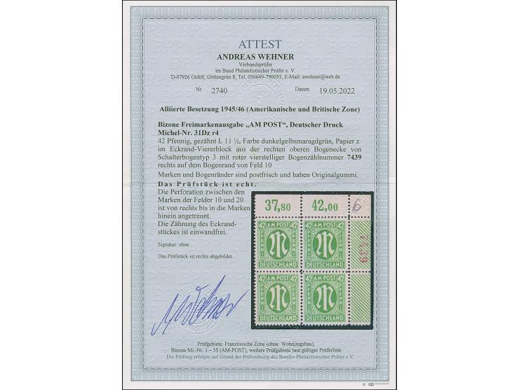 1945, Deutscher Druck, 42 Pfg., gez. 11½, Viererblock aus der rechten oberen Bogenecke, mit roter, vierstelliger Bogenzählnum