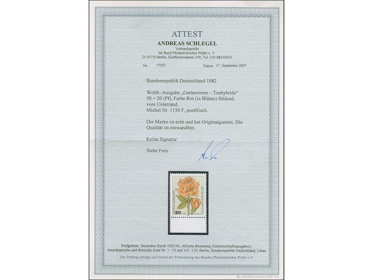 1982, Gartenrosen 50 Pfg. mit Abart "Farbe Rot (in Blüten) fehlend", postfrisch, tadellos, Fotoattest A. Schlegel BPP (2007)