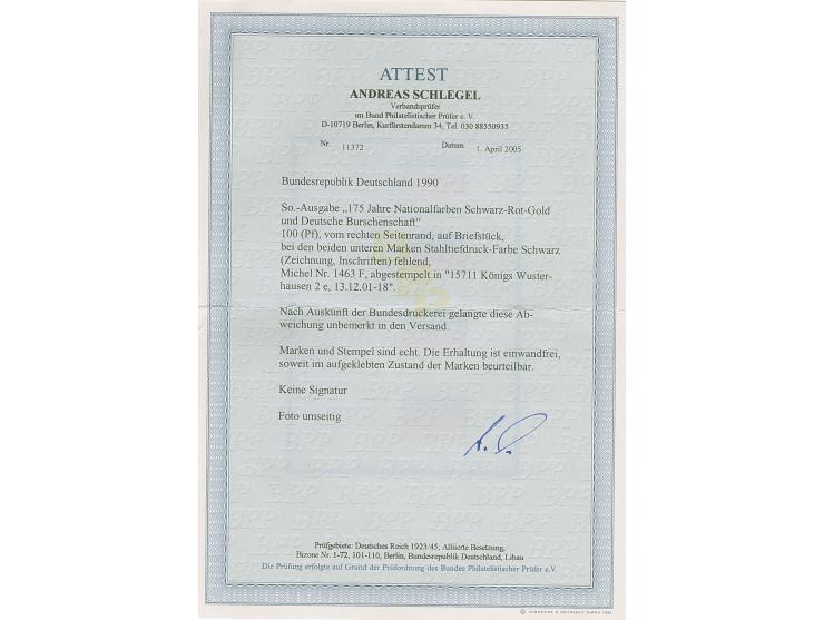 1990, 175 Jahre Nationalfarben 100 Pfg. mit Abart Stichtiefdruckfarbe schwarz fehlend (Zeichung, Inschriften), zwei Werte zus