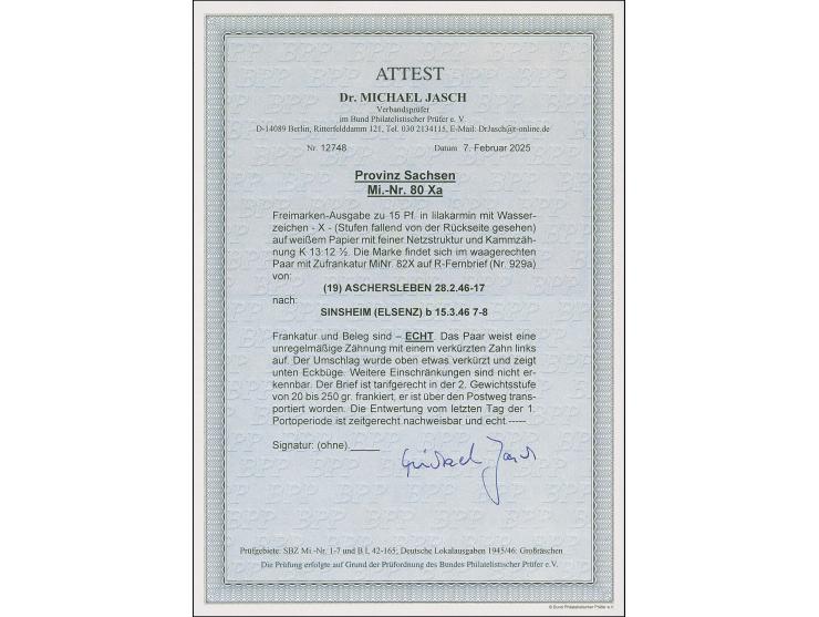 1945, Wappen 15 Pfg. mit Wasserzeichen 1 X im waagerechten Paar, mit Zufrankatur Wappen 24 Pfg., auf portogerechtem R-Fernbri