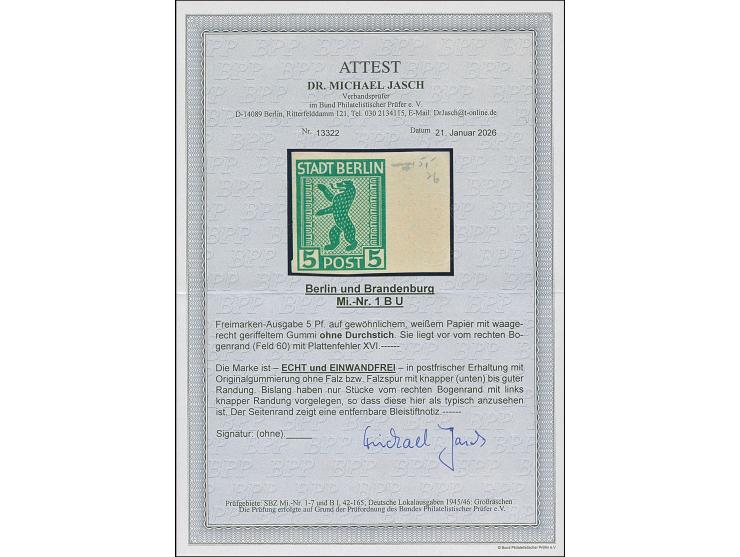 5 Pfg. mit waagerechter Gummiriffellung, voll-bis breitrandig ungezähnt, rechts mit breitem Bogenrand (hierauf entfernbare Bl