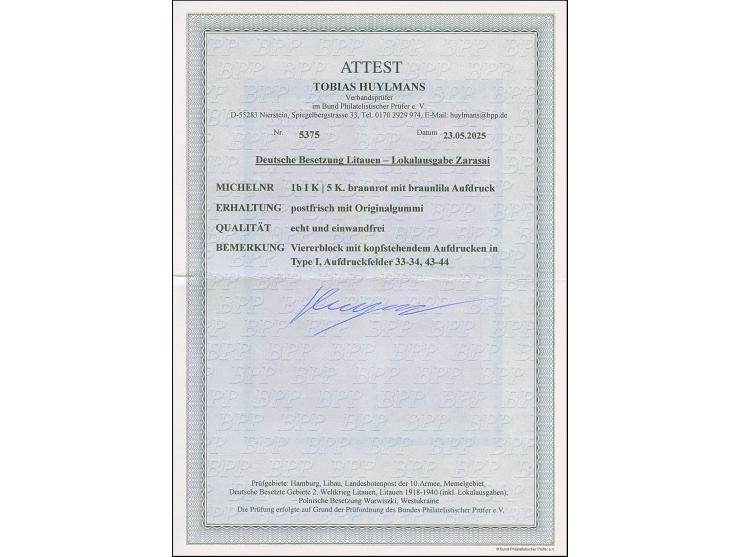 1941, 5 K. dunkelbräunlichrot, braunlila, kopfstehender Aufdruck, Viererblock mit Aufdruck von den Druckfeldern 33-34 und 43-