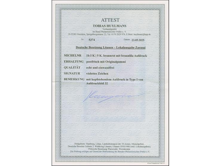 1941, 5 K. dunkelbräunlichrot, braunlila, kopfstehender Aufdruck in Type I von Aufdruckfeld 32, postfrisch, tadellos, sign. u