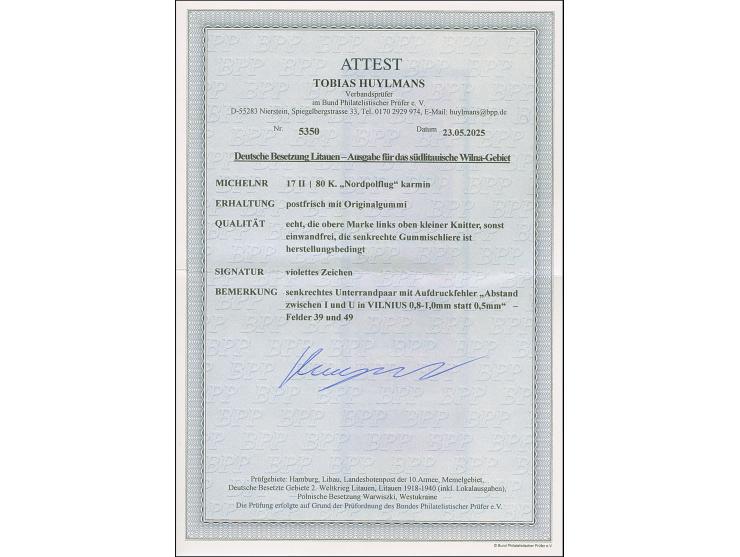 1941, Vilnius Nordpol 80 K. karmin, senkrechtes Unterrandpaar von den Feldern 39 und 49, jede Marke mit Aufruckfehler “weiter