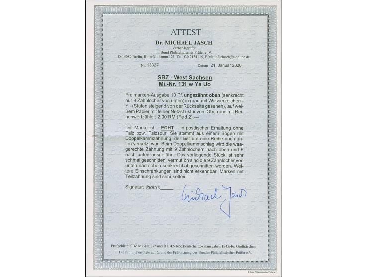 Ziffern 10 Pfg. oben ungezähnt; wie immer bei dieser Abart ist die seitliche Zähnung wahrscheinlich abgeschnitten, postfrisch