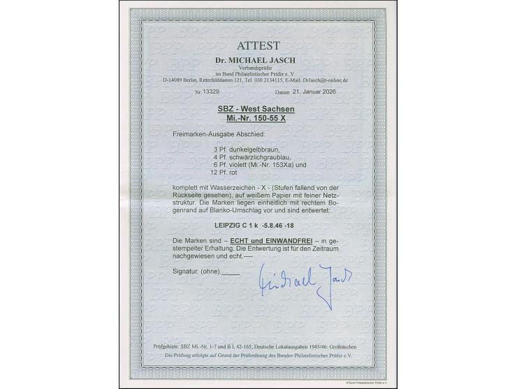 Abschiedsserie, Wz. 'Stufen fallend', 3-12 Pfg., einzeln sauber gestempelt “LEIPZIGC1k 5.8.46”, auf Blanko-Umschlag. Tadellos