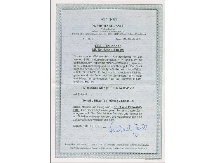 1945, Antifa-Block auf gelbgrauem Papier, mit Zufrankatur auf überfrankiertem Orts-R-Brief von “MEUSELWITZ 24.12.45”. Einwand