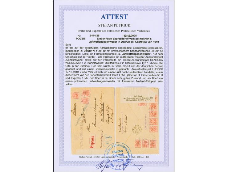 1919, Coat of arms 15 f. red, horizontal strip of five, of three, two horizontal pairs and single, tied by cds. “DZURYN 4 XII