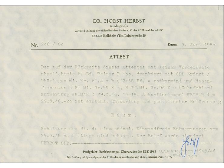 1946, Brückenbau-Block mit 12 Pfg. rot , mit echtem Vor-Ersttagsstempel “WEIMAR 3 29.3.46” auf Orts-R-Brief, mit Ankunftstste