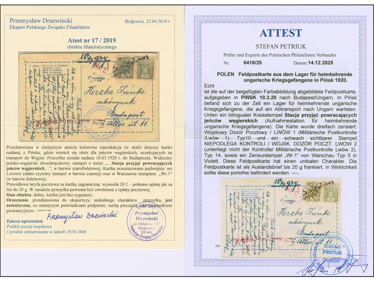 1920, field postcard from the camp for returning Hungarian prisoners of war in Pinsk with violet cachet “tacja przyjęć powrac