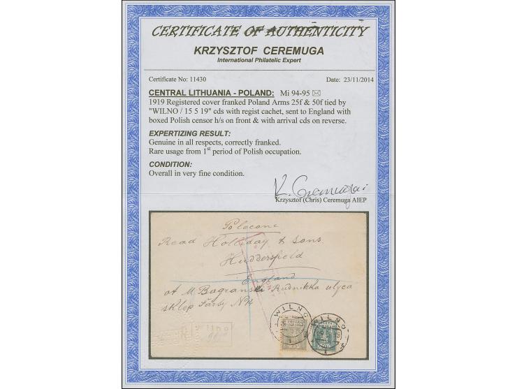 1919, Coat of Arms 25 and 50f. tied by cds. “WILNO 25 5 19” to registered cover with red boxed censor mark alongside to Hudde