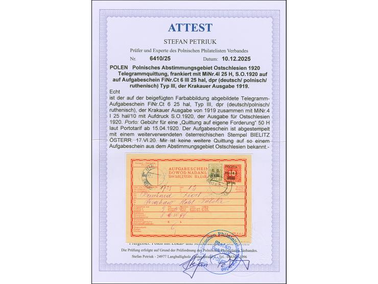 1920, S.O. overprint on 25f. as tied by cds. “BIELITZ ÖSTERR. 17.VI.20” as additional franking on proof of sending receipt Kr