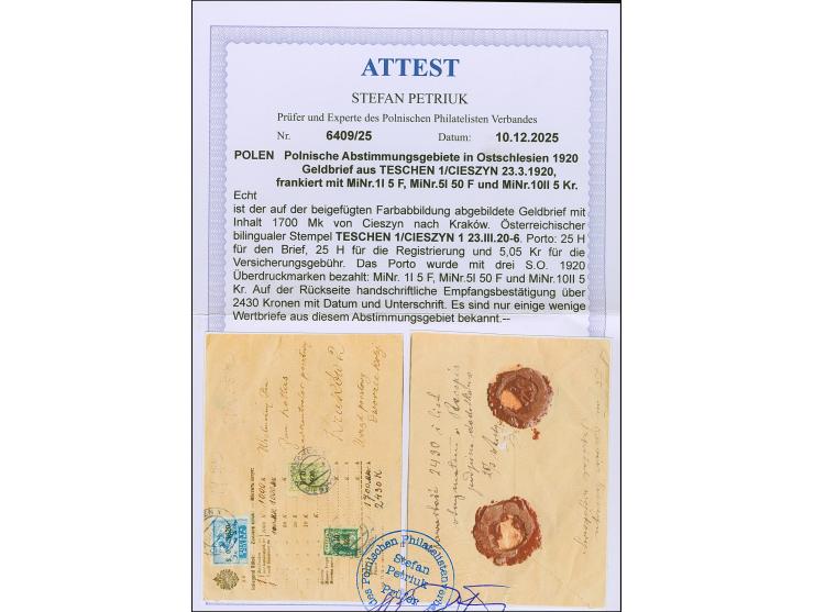 1920, S.O. overprint on 5 and 50 f. and 5 k., tied by bilingual cds. “TESCHEN 23.III.20” to value declared cover to Krakow, r