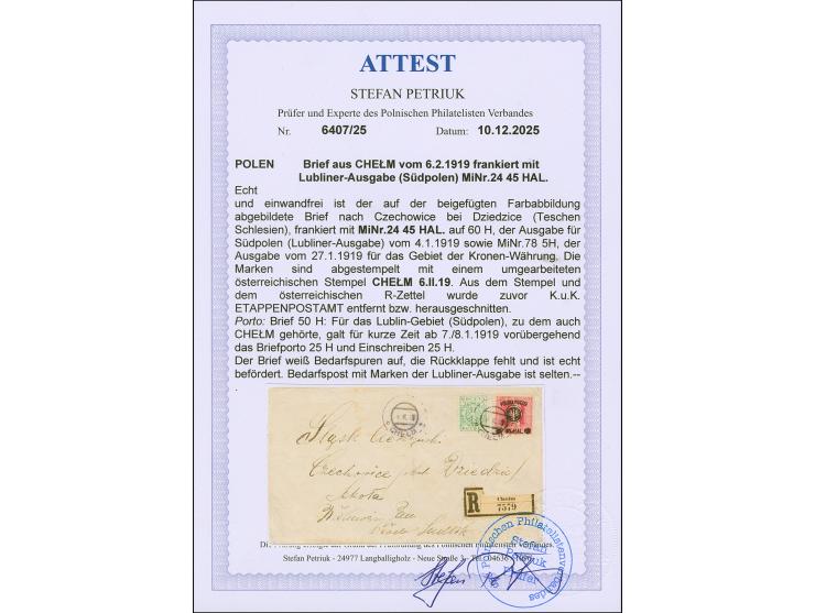 1918, Lublin Issue 45 h. with additional franking, tied by cds. “CHELM 6.II.19” to registered cover, backflap missing and som