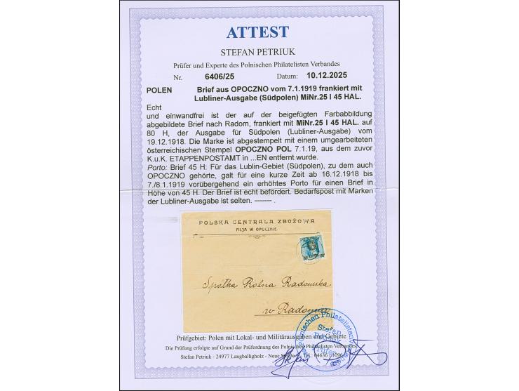 1918, Lublin Issue 45 h., tied by cds. “OPOCZNO 7.1.19” to Radomsk, few folds, otherwise fine, very rare issue on cover, sign
