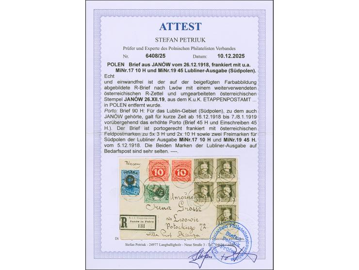 1918, Lublin Issue 10 and 45 h., with additional franking Austrian Fieldpost stamps 3h. single and block of four and postage 