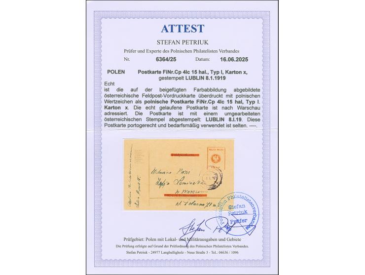 1918, Postal stationery card 15h., type I, paper x, used with cds. “LUBLIN 8.I.19” to Warsaw, fine, scarce, signed Korszen an