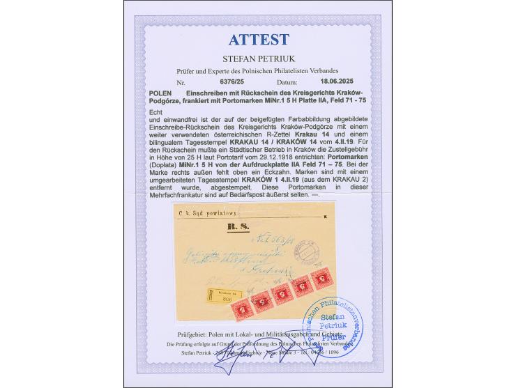 1919, 5h. red, horizontal strip of five, position 71-75, tied by cds. “KRAKAU 4.II.19” to local registered cover with return 