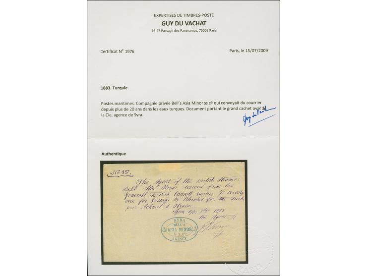 1883, BELL'S ASIA MINOR S.S.Co SYRA AGENCY blue oval cachet on agents bill, vertical file fold, very fine and attractive stea