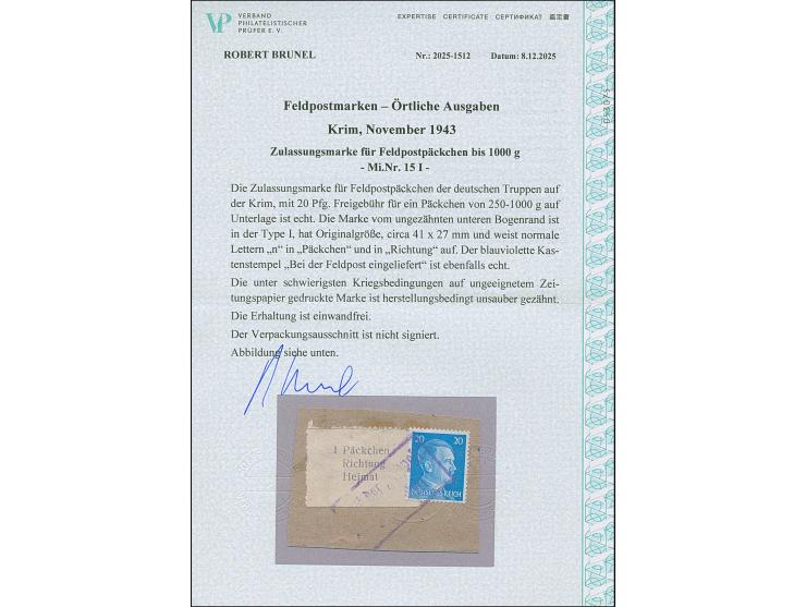 1943, Krim Zulassungsmarke in Type I &nbsp;und Hitler 20 Pfg. mit übergehendem Rahmenstempel “Bei der Feldpost eingeliefert” 