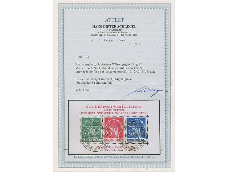1949, Währungsgeschädigten-Block mit Ersttag-Sonderstempel “BERLIN W30 TAG DER NOTNOTGEMEINSCHAFT 17.12.49-19”, tadellos, Fot