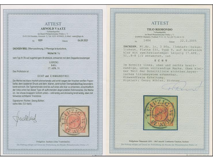 1850, 3 Pfg. bräunlichrot, Platte III, Type 9, sehr schöne frische braune Nuance, unten noch voll-, sonst breitrandig, oben m