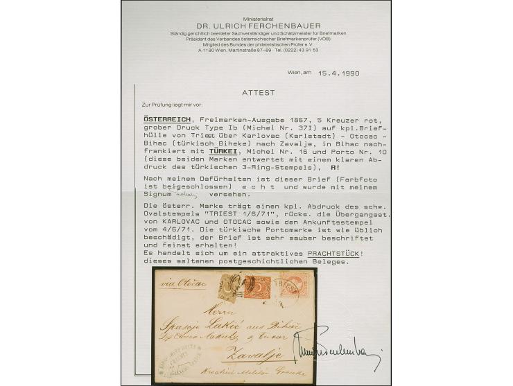 1868, Umschlag frankiert mit Franz-Joseph 5 Kr. rot, grober Druck von “TRIEST 1/6/71” über Otacac, Karlovac und Bihac (Biheke