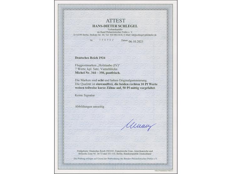 1924, Holztaube 5-300 Pfg. in Viererblocks, postfrisch. Zwei 10 Pfg. einige kurze Zähne und 50 Pfg. mittig vorgefaltet, sonst