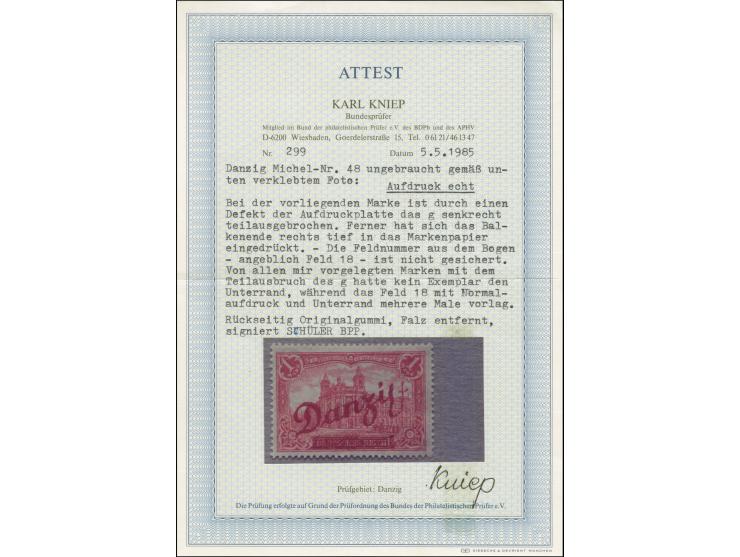 1920, Großer Innendienst 1M. mit markantem Aufdruckfehler “g von Danzig oben offen”, ungebraucht mit eingezogenem Gummi, sons