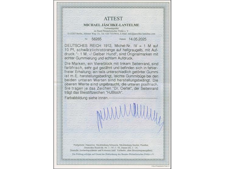 Gelber Hund 1 M. im Viererblock vom linken Bogenrand, farbfrisch und sehr gut gezähnt, die oberen Werte ungebraucht (winzige 