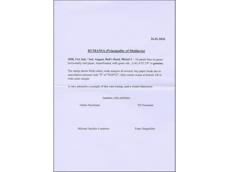 1858, Bull's head 54 par. blue on green horizontally laid paper, fresh colours and wide margins, with green cds. “GALATZ 2/9”