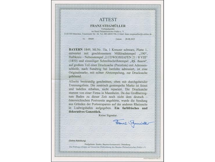 1849, 1 Kr. schwarz, Platte 1, farbfrisch und allseits breitrandig geschnitten, oben mit durchgehender Trennungslinie, sauber