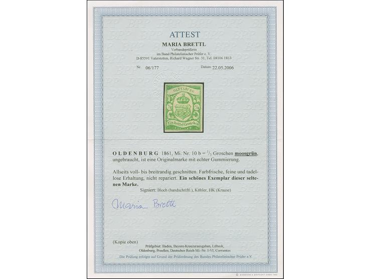 1861,⅓ Gr. moosgrün, farbfrisch und allseits voll- bis breitrandig geschnitten, ungebraucht mit Originalgummierung und in tad