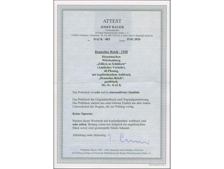 1920, Amtlicher Verkehr 40 Pfg., kopfstehender Aufdruck, postfrisch, tadellos, eine sehr seltene Marke, ProFi hat lediglich 1
