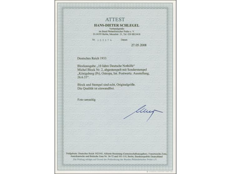 1933, Nothilfe-Block, sauber mit dreimal abgeschlagenem Sonderstempel “KÖNIGSBERG OSTROPA INT-POSTWERTZ-AUSSTELLUNG VOM 23. J