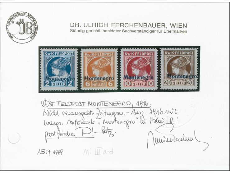 Nicht verausgabte Feldpost-Zeitungsmarken 2 Heller-20 Heller, postfrisch. Tadellos. Signiert Ferchenbauer mit Befund (1999)
