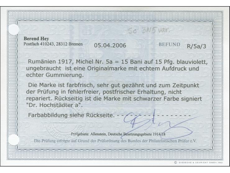 1917, Germania 15 Bani auf 15 Pfennig schwärzlichviolett, postfrisch, tadellos, sign. Dr. Hochstädter BPP sowie Befund Hey BP