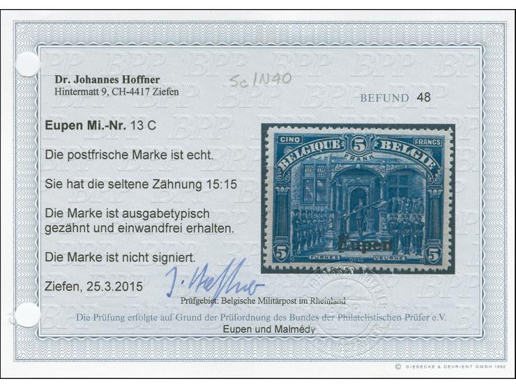 1920, 5 Franc blau, gezähnt 14 ¾:15, postfrisch, ausgabetypisch gezähnt, tadellos, selten, Befund Hoffner BPP (2015)