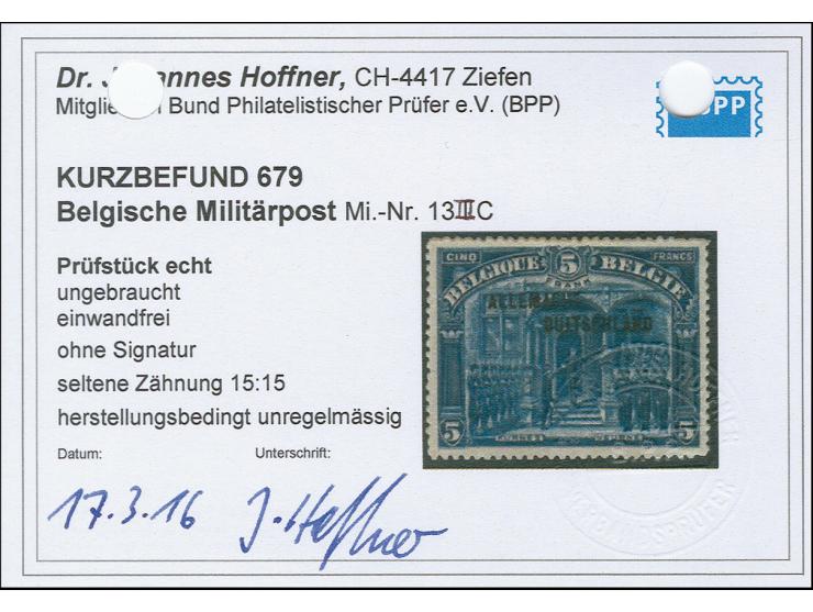 1920, 5 Franc blau, Aufdrucktype III, gezähnt 14 ¾:15, sauber ungebraucht, tadellos in ausgabetypischer Zähnung, Kurzbefund H