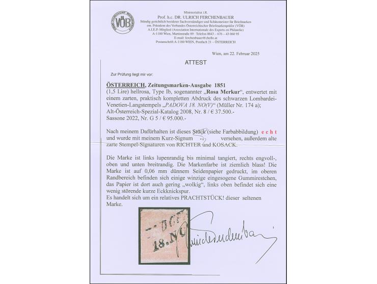 1851, "Rosa Merkur" 6 Kr., Type Ib, üblich etwas blass, mit recht gut erkennbarem Markenbild, links winzig tangiert bis lupen