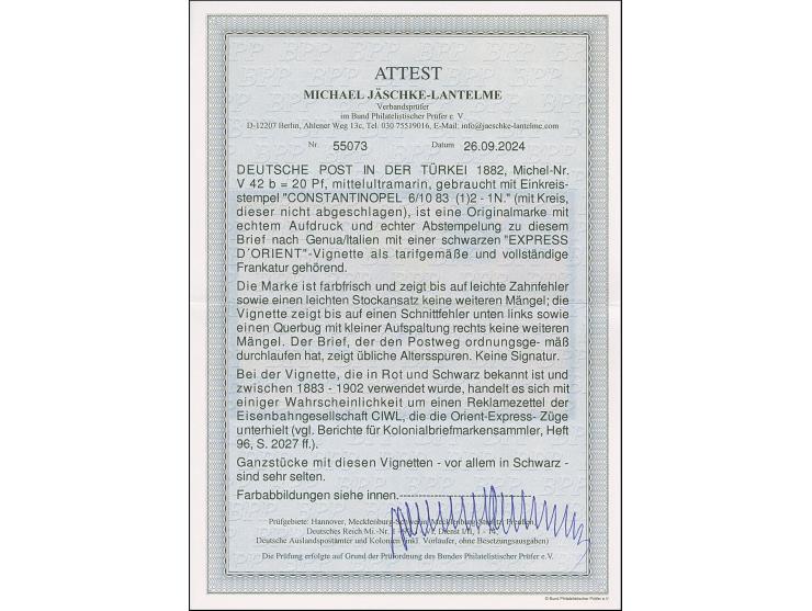 1882, 20 Pfg. mit Stempel “CONSTANTINOPEL 6/10 83 (1)2 - 1N.” als tarifgerechte Frankatur auf Brief mit schwarzer Orient-Expr