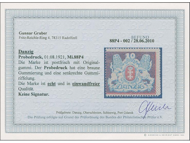 1921, Großes Staatswappen 10 M., Probedruck auf normalem Papier ohne Wasserzeichen, mit Rosettenunterdruck, in grün/rot/schwa