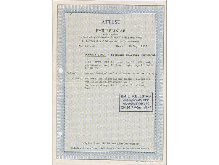 1862, 2 Rp. grau, farbfrisch und voll- bis sehr breitrandig, klar und übergehend gestempelt mit DKr. “BASEL 2 1 63” auf Druck