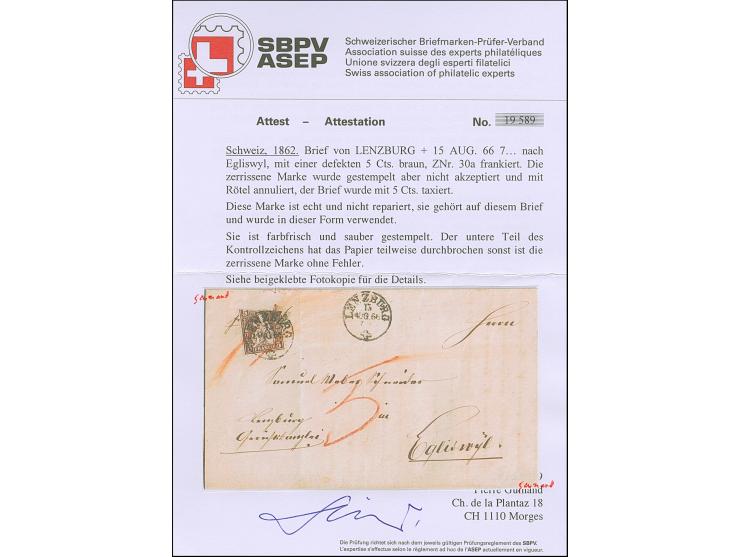 1862, 5 Rp. braun, auf Brief mit auf- und nebengesetztem EKr. “LANZBURG 15 AUG 66” nach Egiswyl. Die defekte Marke wurde gest
