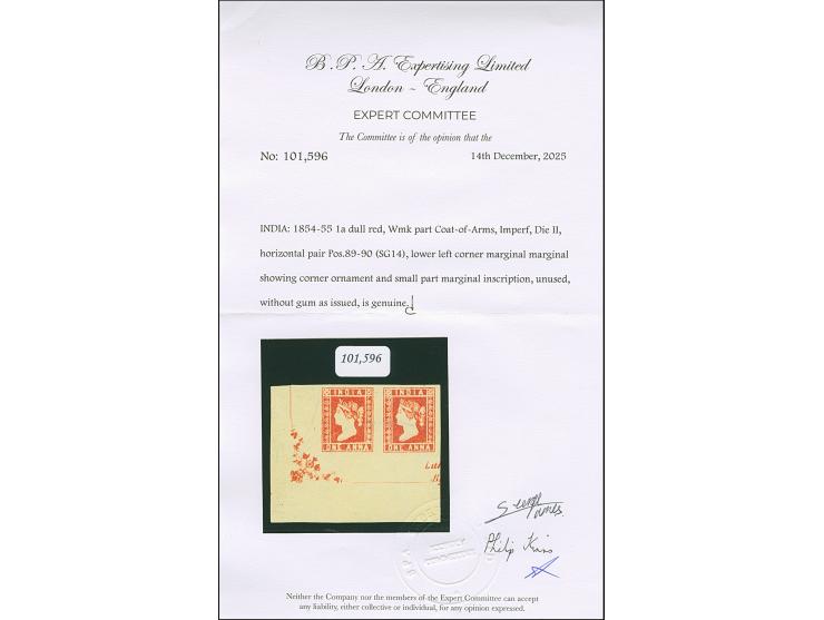 1854/55, Die II, 1 a. deep red, horizontal pair from the lower left sheet corner with ornament and small part of marginal ins